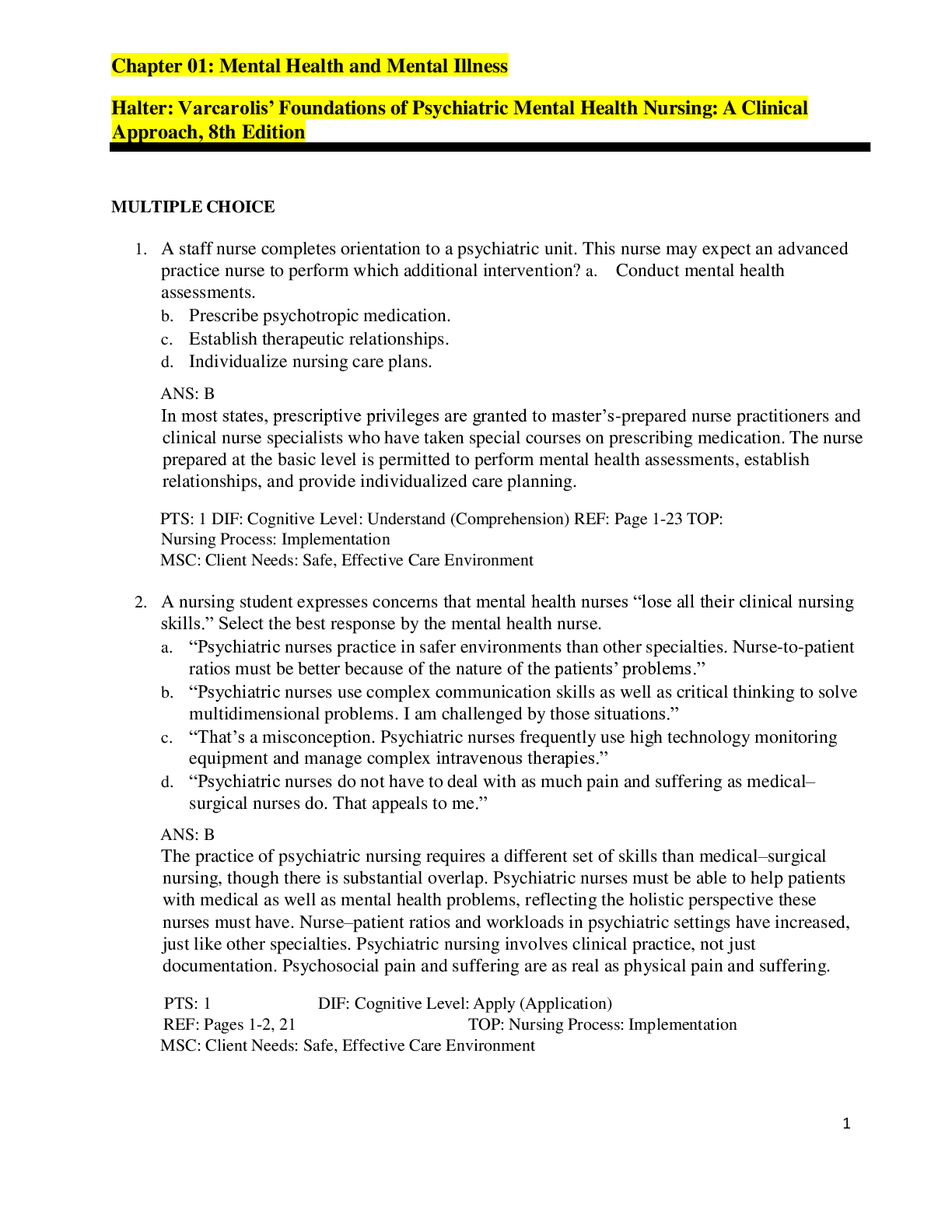 Preview image for Halter: Varcarolis’ Foundations of Psychiatric Mental Health Nursing: A Clinical Approach, 8th Edition Test Bank
